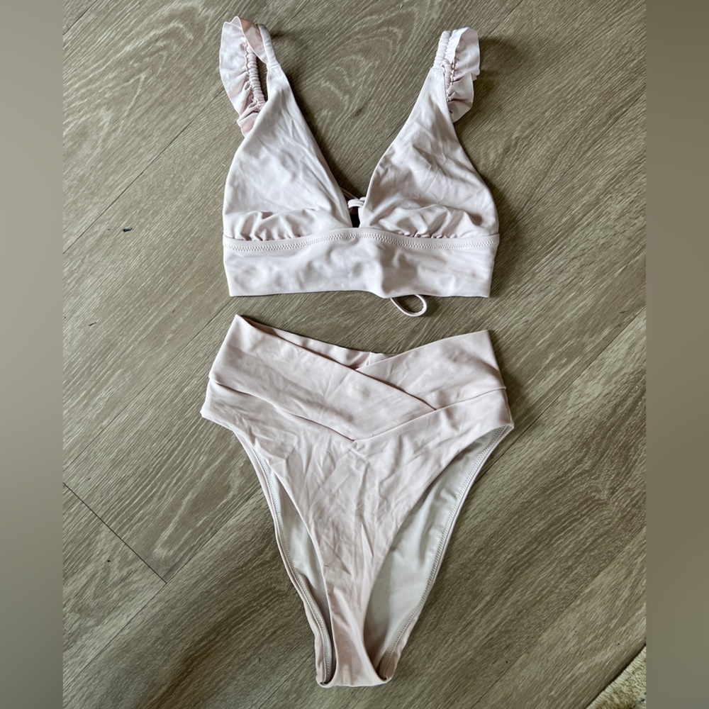 Aerie High Waisted Ruffle Bikini light pink size Small